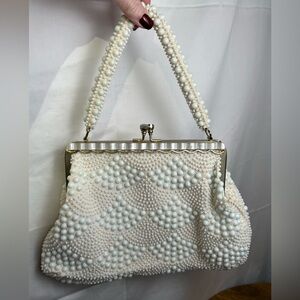 Vintage Elegant Pearl-Embellished White and Cream Handbag